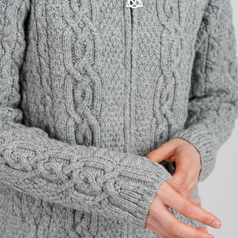 Women's Celtic Aran Knit Jacket, Grey Front Creative Irish Gifts