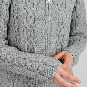 Women's Celtic Aran Knit Jacket, Grey Front Creative Irish Gifts