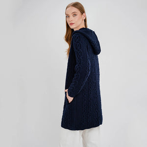 ML128-104 Women's Woollen Aran Knit Hooded Coatigan, Navy Side View Creative Irish Gifts
