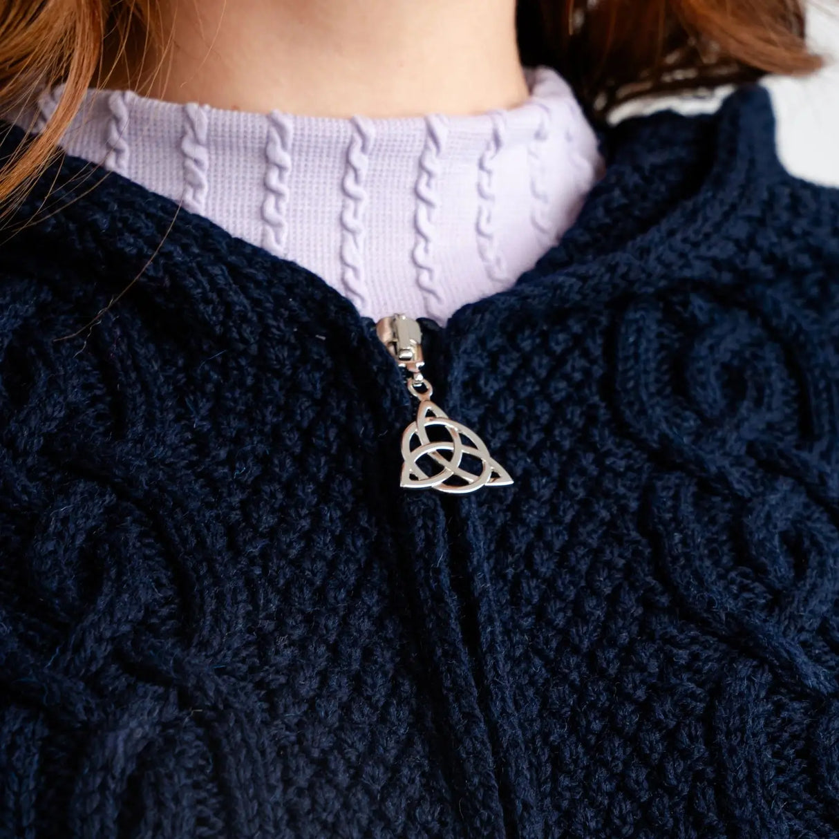 ML128-104 Women's Woollen Aran Knit Hooded Coatigan, Navy Zip Close Up Creative Irish Gifts
