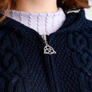 ML128-104 Women's Woollen Aran Knit Hooded Coatigan, Navy Zip Close Up Creative Irish Gifts
