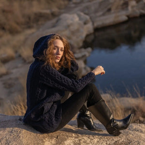 ML128-104 Women's Woollen Aran Knit Hooded Coatigan, Navy Creative Irish Gifts
