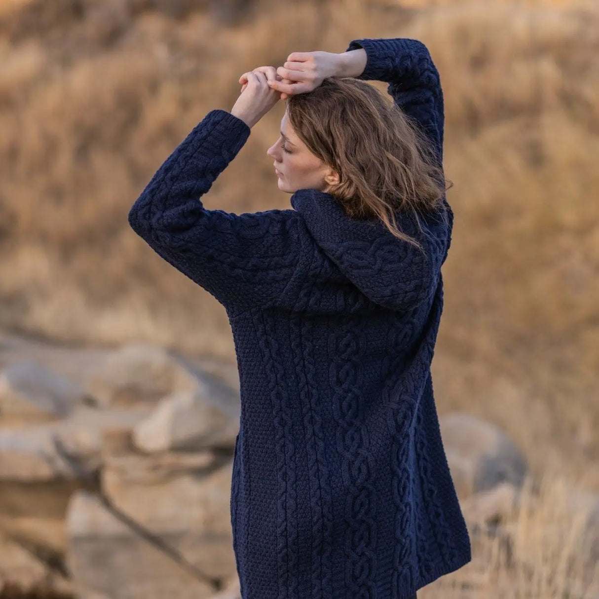 ML128-104 Women's Woollen Aran Knit Hooded Coatigan, Navy Back View Creative Irish Gifts
