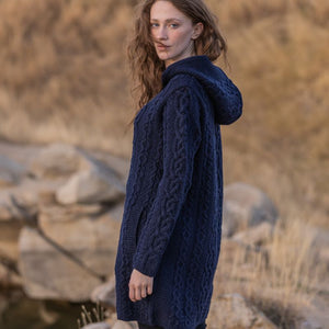 Women's Celtic Aran Knit Jacket, Navy side view Creative Irish Gifts