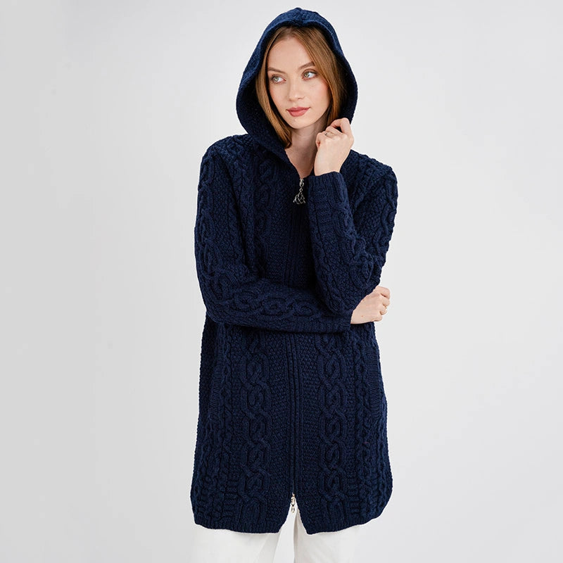 ML128-104 Women's Woollen Aran Knit Hooded Coatigan, Navy Creative Irish Gifts
