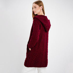 Women's Celtic Aran Knit Jacket, Red Back Side View Creative Irish Gifts