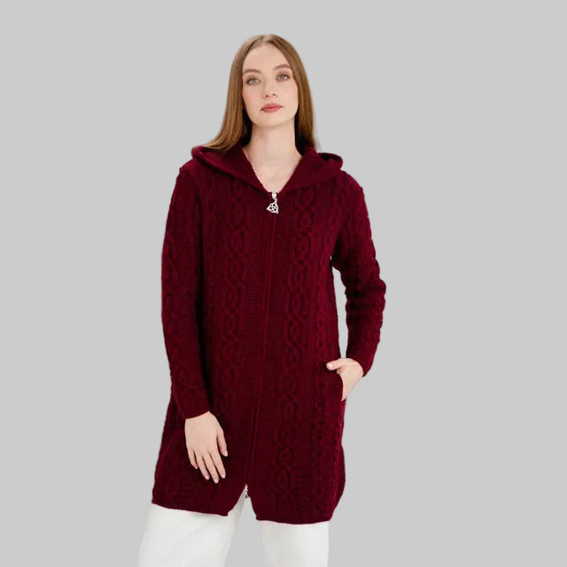 Women's Celtic Aran Knit Jacket, Red Creative Irish Gifts