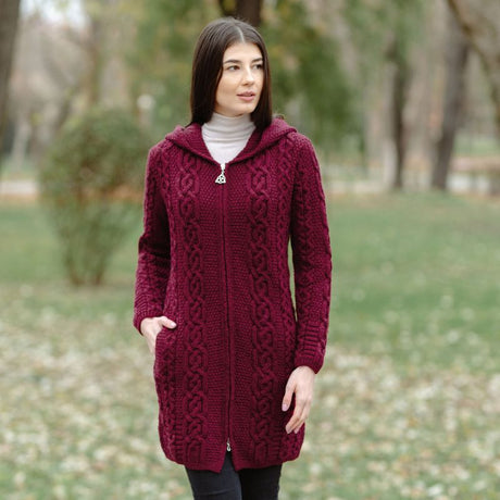 Women's Celtic Aran Knit Jacket, Red Lifestyle Creative Irish Gifts