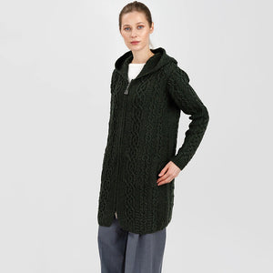 ML128-102 Women's Woollen Aran Knit Hooded Coatigan, Army Green Creative Irish Gifts
