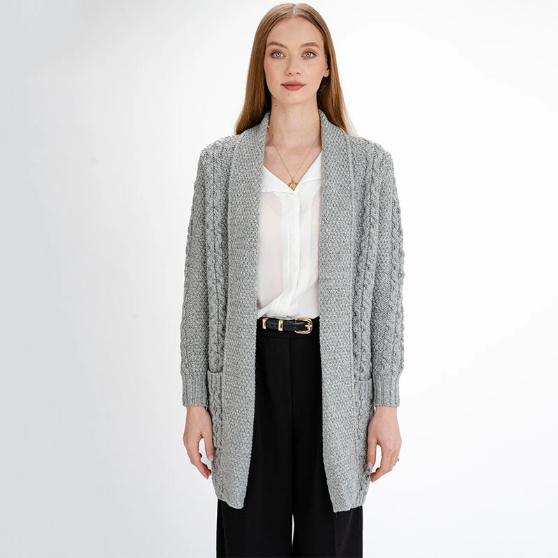 ML130-103 Women's Merino Wool Irish Long Cardigan, Grey Creative Irish Gifts
