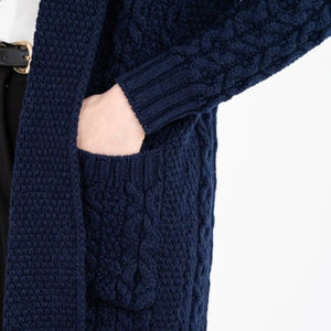 ML130-104 Women's Merino Wool Irish Long Cardigan, Navy Pocket Close Up Creative Irish Gifts

