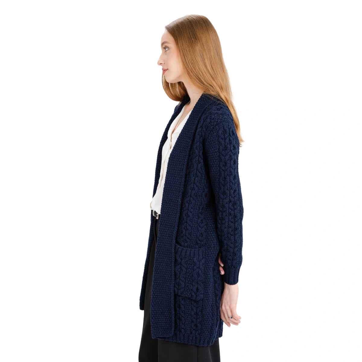 ML130-104 Women's Merino Wool Irish Long Cardigan, Navy Side View Creative Irish Gifts
