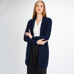 Women's Open Face Aran Knit Cardigan, Navy Front View Creative Irish Gifts
