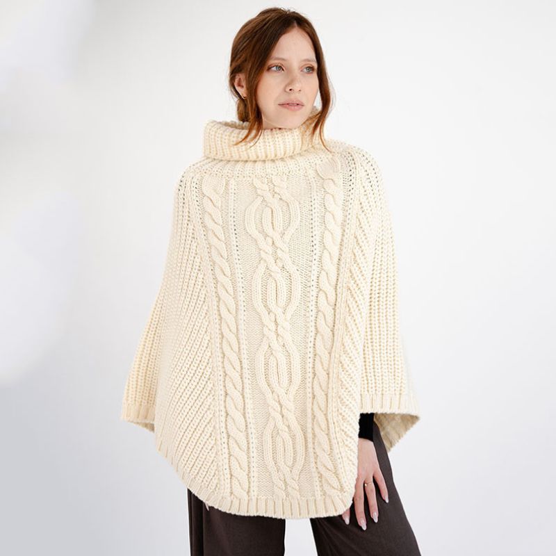 Merino Wool Aran Cable Cowl Neck Poncho, White studio Creative Irish Gifts.com