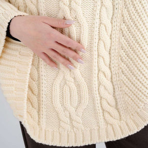 Merino Wool Aran Cable Cowl Neck Poncho, White Creative Irish Gifts.com