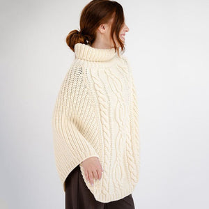Merino Wool Aran Cable Cowl Neck Poncho, White Side View Creative Irish Gifts.com