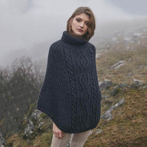 Merino Wool Aran Cable Cowl Neck Poncho, Charcoal Creative Irish Gifts.com