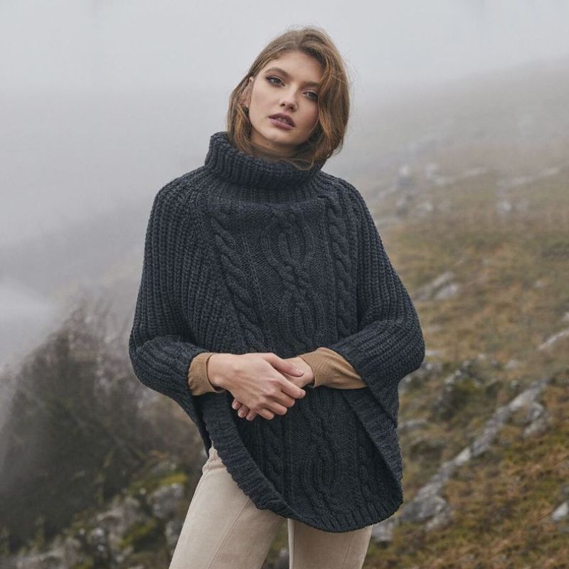 Merino Wool Aran Cable Cowl Neck Poncho, Charcoal Lifestyle Creative Irish Gifts.com