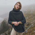 Merino Wool Aran Cable Cowl Neck Poncho, Charcoal Lifestyle Creative Irish Gifts.com