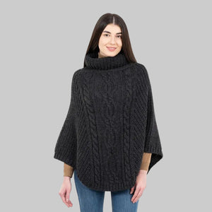 Merino Wool Aran Cable Cowl Neck Poncho, Charcoal Creative Irish Gifts.com