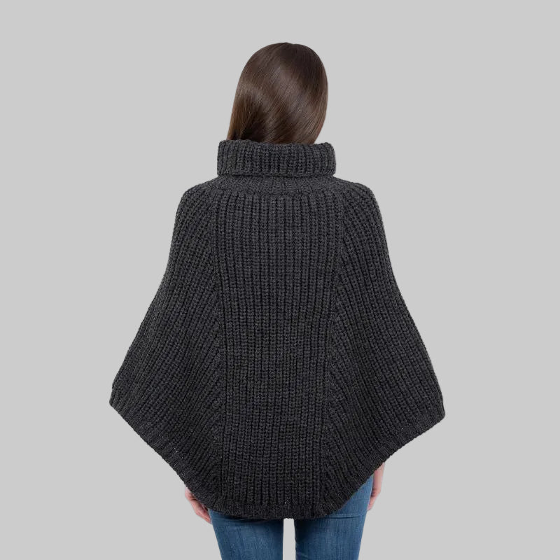 Merino Wool Aran Cable Cowl Neck Poncho, Charcoal Back View Creative Irish Gifts.com