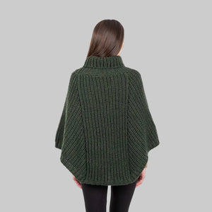 Merino Wool Aran Cable Cowl Neck Poncho, Army Green Back View Creative Irish Gifts.com