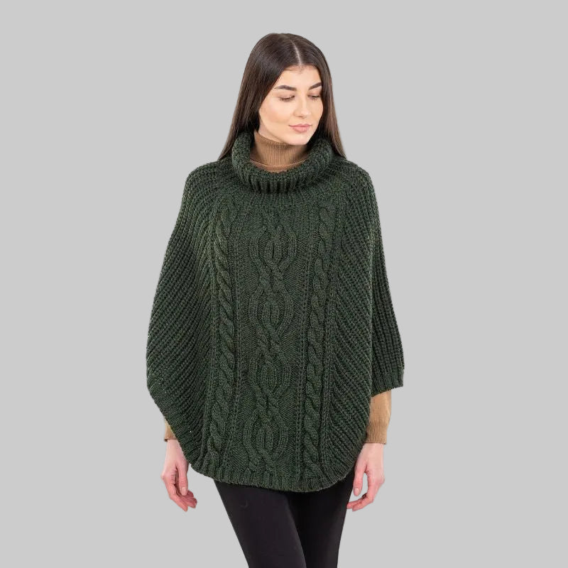 Merino Wool Aran Cable Cowl Neck Poncho, Army Green Creative Irish Gifts.com