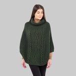 Merino Wool Aran Cable Cowl Neck Poncho, Army Green Creative Irish Gifts.com