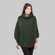 Merino Wool Aran Cable Cowl Neck Poncho, Army Green Creative Irish Gifts.com