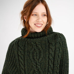 Merino Wool Aran Cable Cowl Neck Poncho, Army Green Creative Irish Gifts.com