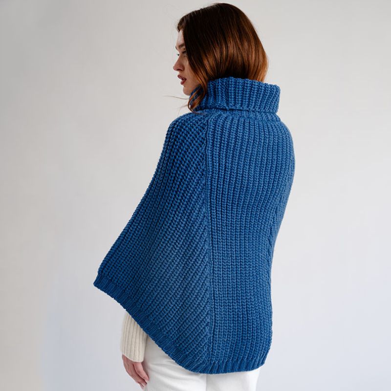 Merino Wool Aran Cable Cowl Neck Poncho, Blue back view Creative Irish Gifts.com