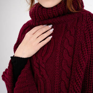 Merino Wool Aran Cable Cowl Neck Poncho, Wine studio Creative Irish Gifts.com