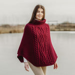 Merino Wool Aran Cable Cowl Neck Poncho, Red Creative Irish Gifts.com