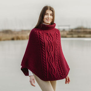Merino Wool Aran Cable Cowl Neck Poncho, Red Creative Irish Gifts.com