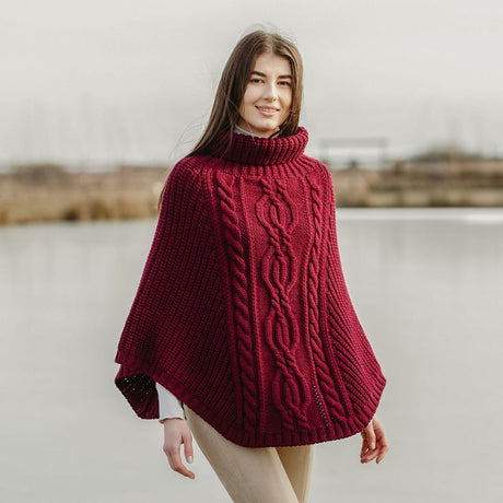 Merino Wool Aran Cable Cowl Neck Poncho, Red Creative Irish Gifts.com