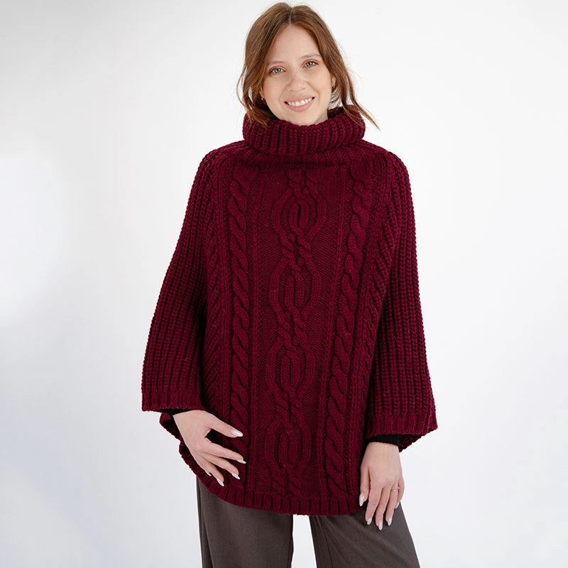 ML132-108-OS Merino Wool Aran Cable Cowl Neck Poncho, Wine Creative Irish Gifts
