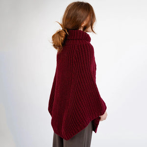 ML132-108-OS Merino Wool Aran Cable Cowl Neck Poncho, Wine Side View Creative Irish Gifts
