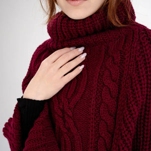 ML132-108-OS Merino Wool Aran Cable Cowl Neck Poncho, Wine Close Up Creative Irish Gifts
