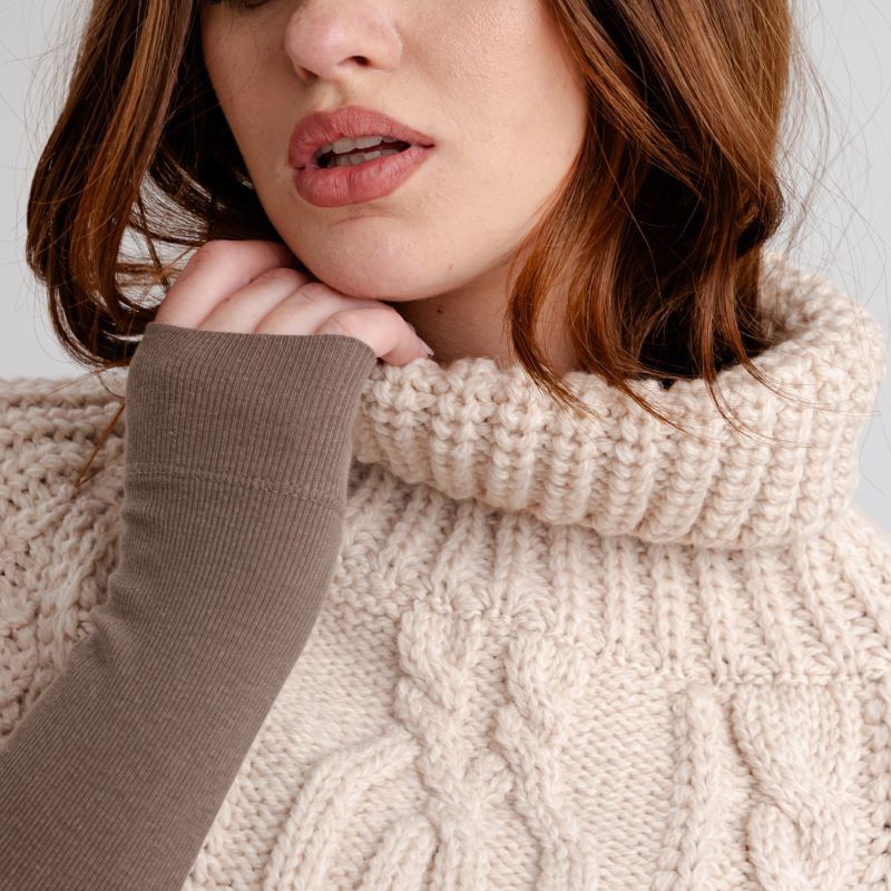 Merino Wool Aran Cable Cowl Neck Poncho, Parsnip Front Creative Irish Gifts.com