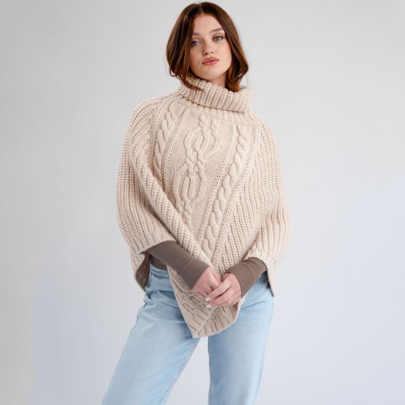 Merino Wool Aran Cable Cowl Neck Poncho, Parsnip Front View Creative Irish Gifts.com