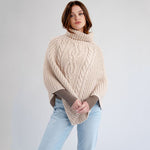 Merino Wool Aran Cable Cowl Neck Poncho, Parsnip Front View Creative Irish Gifts.com