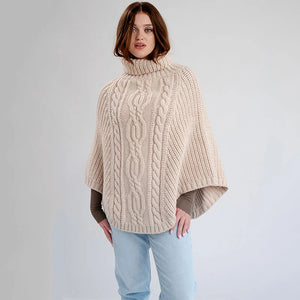 Relaxed Merino Knit Aran Turtleneck Poncho