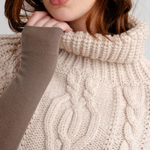 ML132-109-OS Merino Wool Aran Cable Cowl Neck Poncho, Parsnip Close Up Creative Irish Gifts
