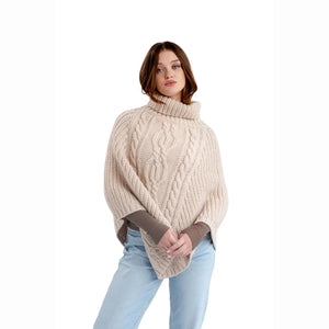 ML132-109-OS Merino Wool Aran Cable Cowl Neck Poncho, Parsnip Creative Irish Gifts
