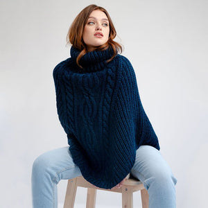 Merino Wool Aran Cable Cowl Neck Poncho, Ocean Blue Creative Irish Gifts.com