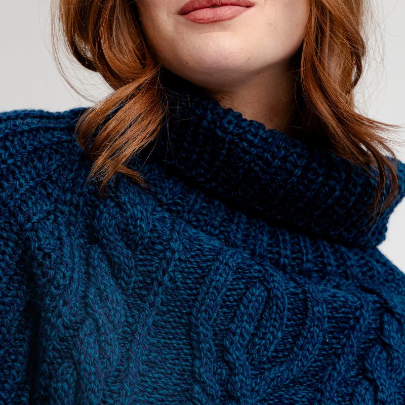 Merino Wool Aran Cable Cowl Neck Poncho, Blue front Creative Irish Gifts.com