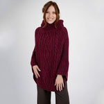 Merino Wool Aran Cable Cowl Neck Poncho, Velvet Red Creative Irish Gifts.com