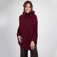 Merino Wool Aran Cable Cowl Neck Poncho, Velvet Red Creative Irish Gifts.com
