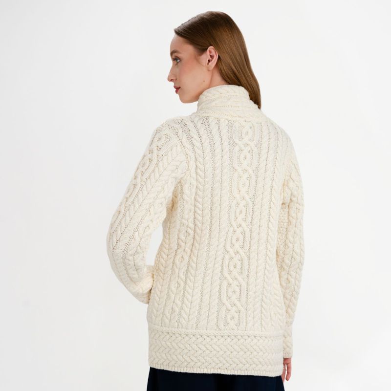 Women's Aran Jacket with Celtic Knot Side Zip White Back View Creative Irish Gifts