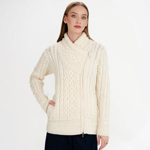 Aran Knit Coatigan with Celtic Knot Side Zip, White Studio Front View Creative Irish Gifts